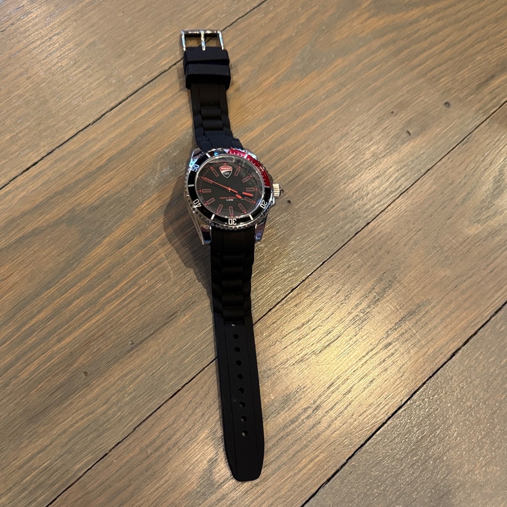 Men's Black Sport Watch with Red Dial Accents